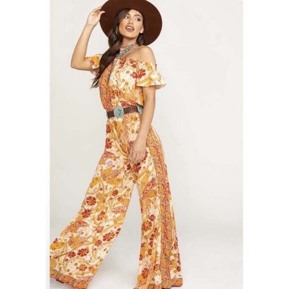 Free People Pants - Free People Carmen Off-the-Shoulder Jumpsuit Orange Floral Print Boho Size XS